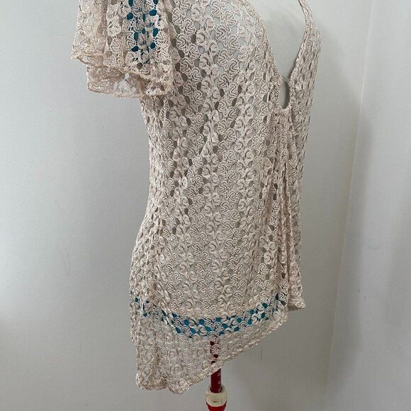 Brittany Black Lace Layered Boho Short Sleeve Hi lo Womens Top Size M - Picture 4 of 7